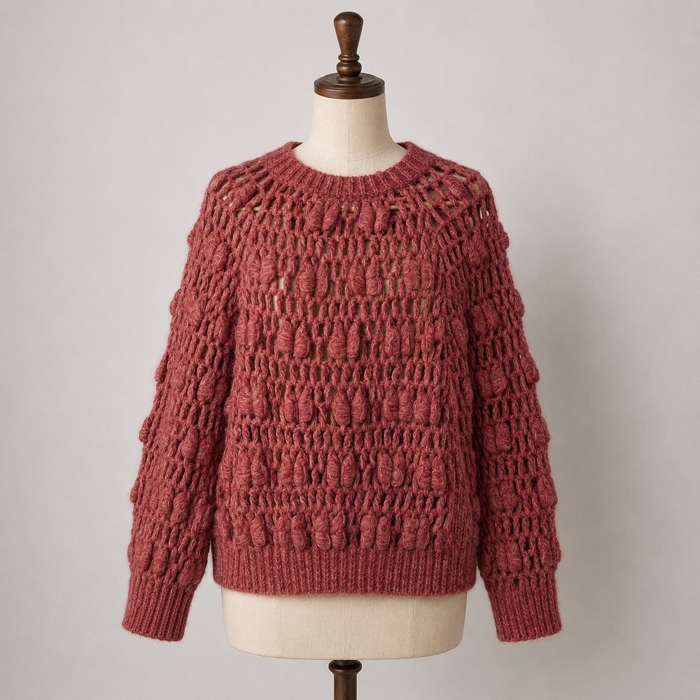 AMO Pink Baby Alpaca Jane Merino Wool Bobble‎ Open Knit Sweater Womens XS Peru